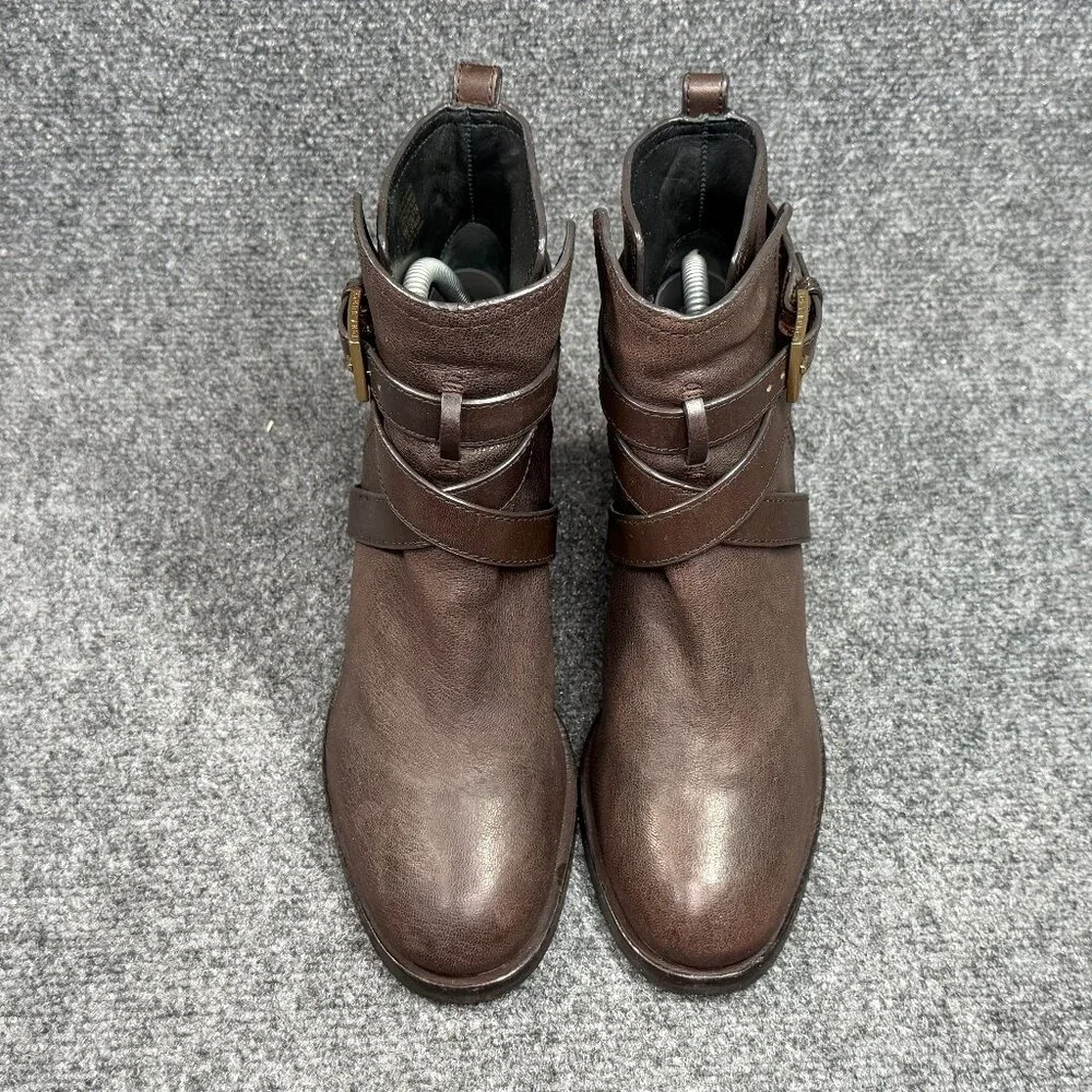Tory Burch Hastings‎ Ankle Boots Women's Size 9 Brown Leather Cross Strap Heeled